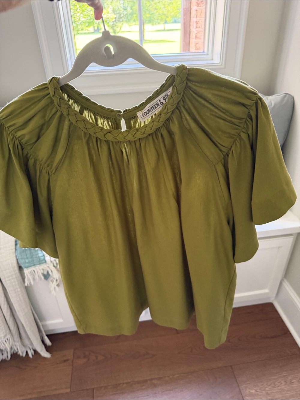Olive Braided-Neck Flutter Sleeve Blouse - Picture 16 of 16